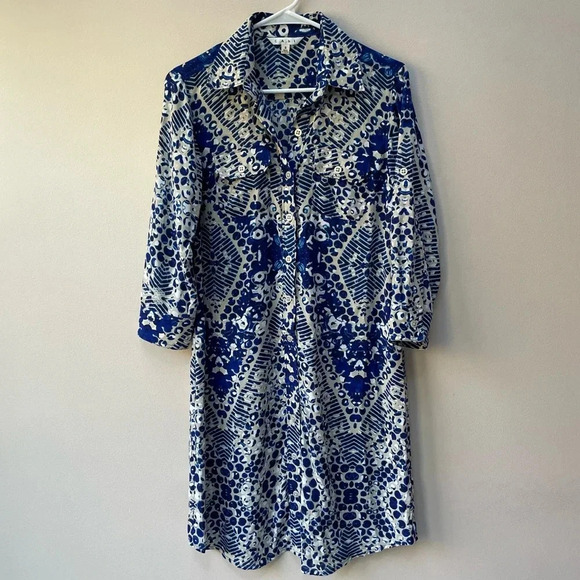 Cabi Style 422 Blue Jewel Print Button Down Shirt Dress Roll Tab Sleeve Size S - Picture 4 of 12